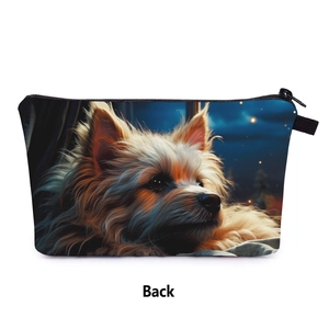 Back view of Yorkshire Terrier print makeup bag featuring a starry night sky design