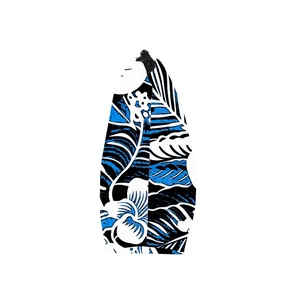 Detail of floral makeup bag featuring tropical blue leaf prints and black zipper closure
