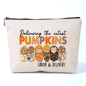 Cute Baby Pumpkin Print Polyester Toiletry Bag Linen Look Zipper Cosmetic Makeup Storage Pouch Travel Wash Bag For Women