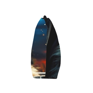 Side view of a triangular travel makeup bag showing Yorkshire Terrier artistic print