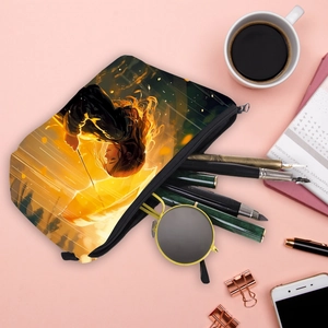Trousse de maquillage portable avec motif de fille blonde, rangement pour lunettes et stylos
