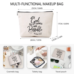 Detailed view of linen cosmetic bag with religious print and dimensional specifications