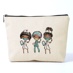 Trousse à Maquillage en Polyester Texture Lin Imprimé Infirmière Dessin Animé Trousse de Toilette de Voyage Portable Organisateur Cosmétique Femme