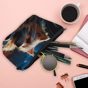Portable makeup bag with cute Yorkshire Terrier print on a soft pink workspace background