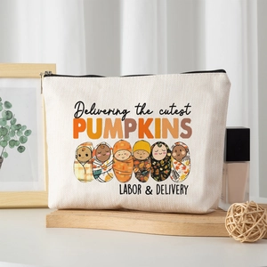 Linen style cosmetic bag with cute pumpkin baby pattern for labor and delivery storage