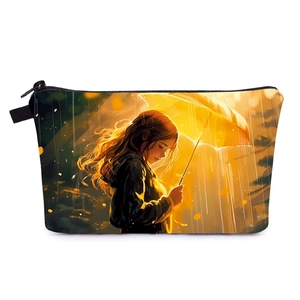 Trousse à Maquillage Portable pour Femmes Imprimé Fille sous la Pluie Polyester Imperméable Fermeture Éclair Trousse de Toilette