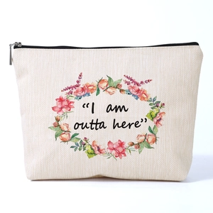 Floral Printed Polyester Makeup Bag I Am Outta Here Lettering Portable Travel Toiletry Organizer Zipper Pouch For Women Daily Use