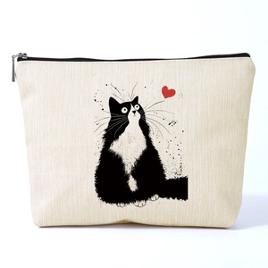 Linen Look Polyester Makeup Bag Cute Cat Heart Print Zipper Toiletry Storage Pouch Women Travel Daily Cosmetic Organizer