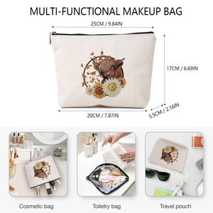Linen makeup bag with highland cow print and sunflowers, includes dimensions and usage views