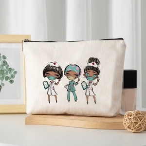 Trousse à maquillage style lin avec motif infirmière mignon et fermeture éclair noire