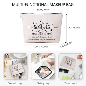 Linen style sister gift makeup bag with stars text and specific size dimensions