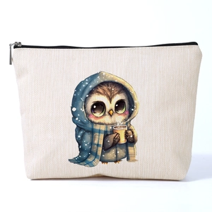 Cute Owl Pattern Printed Makeup Bag Women Polyester Linen Look Travel Toiletry Pouch Zippered Cosmetic Storage Organizer