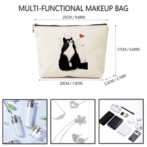 Linen makeup bag with cute cat and heart print featuring detailed size measurements