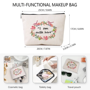 Linen makeup bag with floral print and zipper for travel storage with dimensions display