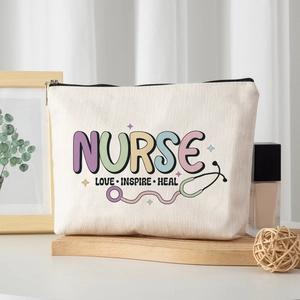 Linen texture makeup bag with colorful NURSE print and zipper for travel storage