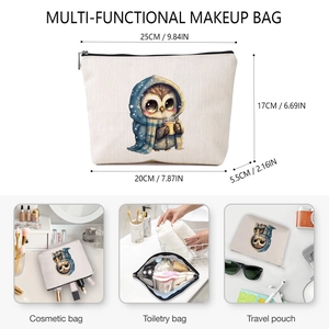 Linen style owl printed makeup bag for women with dimensions and usage scenes