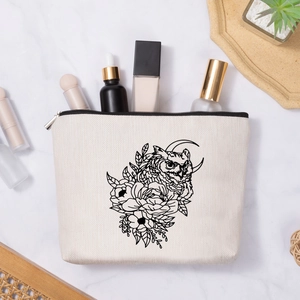 Linen canvas makeup bag with owl and floral pattern, zipper closure for travel storage