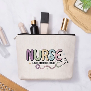 Linen canvas nurse makeup bag with zipper closure and creative stethoscope pattern print