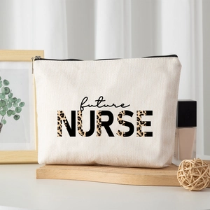 Linen texture makeup bag featuring future NURSE leopard print design with black zipper