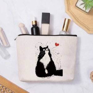 Linen style makeup bag with cute cat print and red heart, perfect for travel storage
