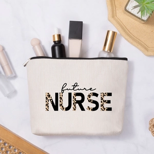 Linen style nurse makeup bag with future NURSE print and leopard pattern letters