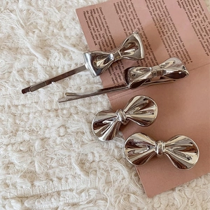 French Style Metal Alloy Bowknot Hair Clips Elegant Silver Mirror Finish Duckbill Side Clips For Women Daily Hair Accessories