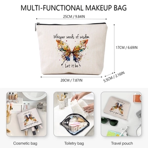 Linen-style butterfly makeup bag with zipper, 25cm x 17cm storage pouch for travel