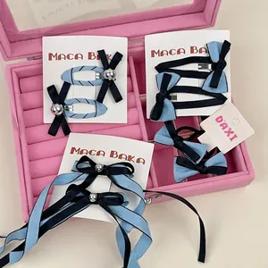 Frais Sucré Nœud Papillon Pince à Cheveux Élastique Bleu Noir Contraste Ruban Épingle à Cheveux Barrettes Tissu Métal Accessoires de Cheveux