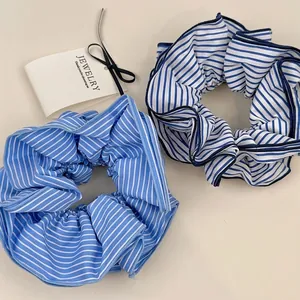 Korean Style Striped Oversized Scrunchies For Women High Elastic Fabric Hair Ties Minimalist Navy Blue White Hair Accessories