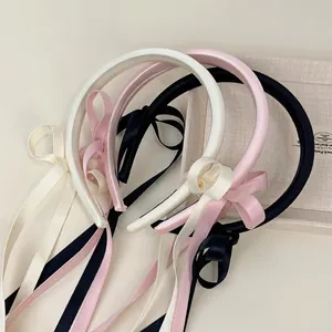 French Vintage Satin Padded Headband Long Ribbon Bowknot Hair Hoop Sweet Elegant Headpiece Hair Accessories For Women Girls