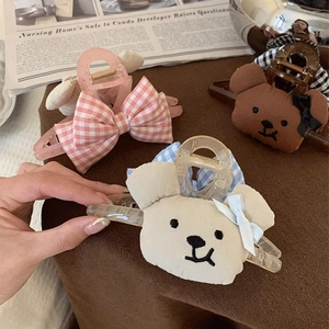 Süße Cartoon Bär Karo Schleife Haarkralle Große Acryl Plüsch Stoff Haarspangen Für Damen Mädchen Süße Koreanische Stil Haarschmuck