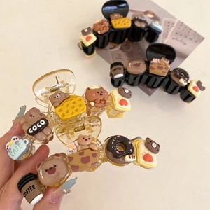 Pince à cheveux ours dessin animé avec charms donuts et café colorés en résine 3D