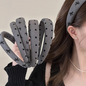 Korean Style Sweet Grey Fabric Headband Black Bowknot Heart Polka Dot Print Wide Narrow Padded Hairband For Women Hair Accessories