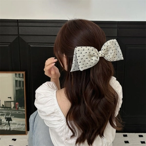 Retro Polka Dot Large Bow Hair Clip For Women Elegant Korean Style Chiffon Organza Spring Clip Hair Accessory Beige Black Sweet Hairpin