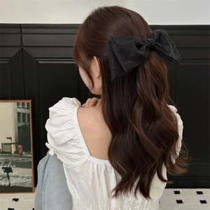Elegant large black polka dot mesh bow hair clip for vintage Korean style hairstyles