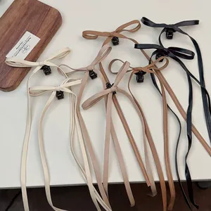 Pince à Cheveux Nœud en Cuir PU Balletcore Long Ruban Streamer Mini Pince pour Femmes Doux Accessoires de Cheveux