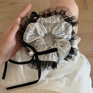 Chouchou en Dentelle Rayée Vintage Français Avec Nœud et Imitation Künstliche Perle Grand Anneau en Tissu Élégant pour Femmes