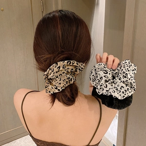 Large leopard print mesh hair scrunchies set in beige and white for elegant hairstyles