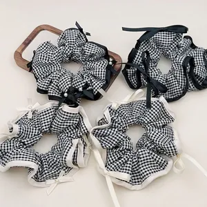 Vintage Καρό Scrunchies από Ύφασμα με Φιόγκο και Απομίμηση Μαργαριταριού Ελαστικά Λαστιχάκια Μαλλιών Γλυκό Γαλλικό Στυλ Γυναικεία Αξεσουάρ