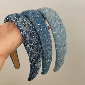 Korean Style Rhinestone Denim Headband For Women Vintage Wide Padded Hairband Starry Rhinestone Washed Denim Hair Accessories