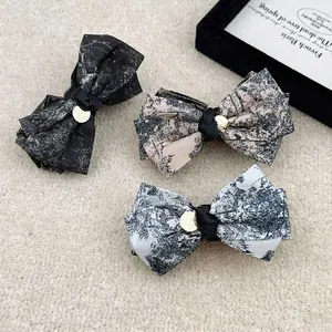 French Vintage Toile de Jouy Bow Hair Claw For Women New Chinese Style Ink Painting Fabric Ponytail Clip Hair Accessory
