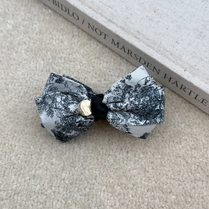 Elegant Toile de Jouy print bow hair clip with gold pendant in vintage French style