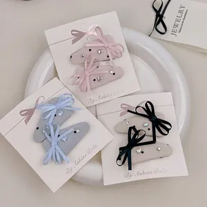 French Style Sweet Ribbon Bow Hair Clips Rhinestone Embellished Fabric BB Clips Elegant Hair Styling Accessories For Women Girls
