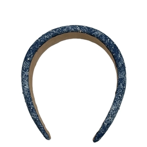 Blue denim headband with sparkling rhinestones for women featuring a thick padded design