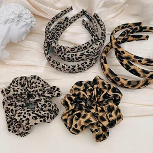 French retro leopard print headband and scrunchie set in gray and gold tones