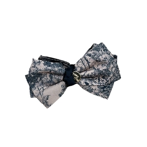 Toile de Jouy hair claw clip with ink painting style bow and gold metal pendant