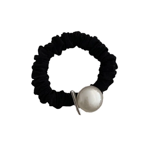 Minimalist high-elastic black hair tie with large pearl and silver metal accent accessory