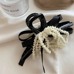 Elegant French style black ribbon bow hair claw clip with pearl chain details
