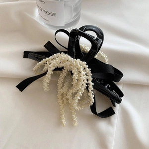 French Vintage Black Ribbon Bow Hair Claw Clip With Faux Artificial Pearl Tassels Large Elegant Hair Accessory For Women Party Gift