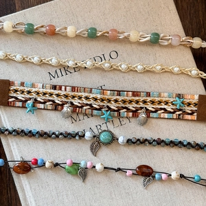 Bohemian braided headbands and waist chains set with seashells and turquoise pendants